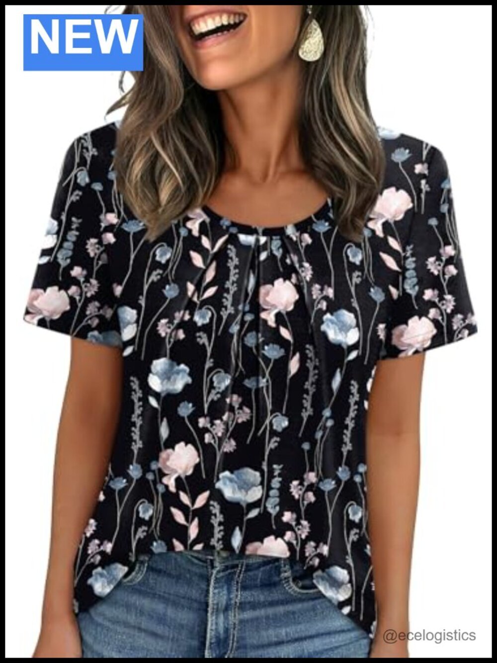 Tee - Short Sleeve Polyester Spandex Blouse Pleated Flowy Loose Fit Business